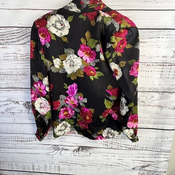 Vintage 100% Silk Wrap Top S Long Sleeve Black Bright Floral Whimsical Statement - Picture 10 of 11